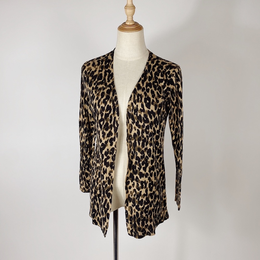 Halogen Linen Blend Open Leopard Print Cardigan Xs - image 1
